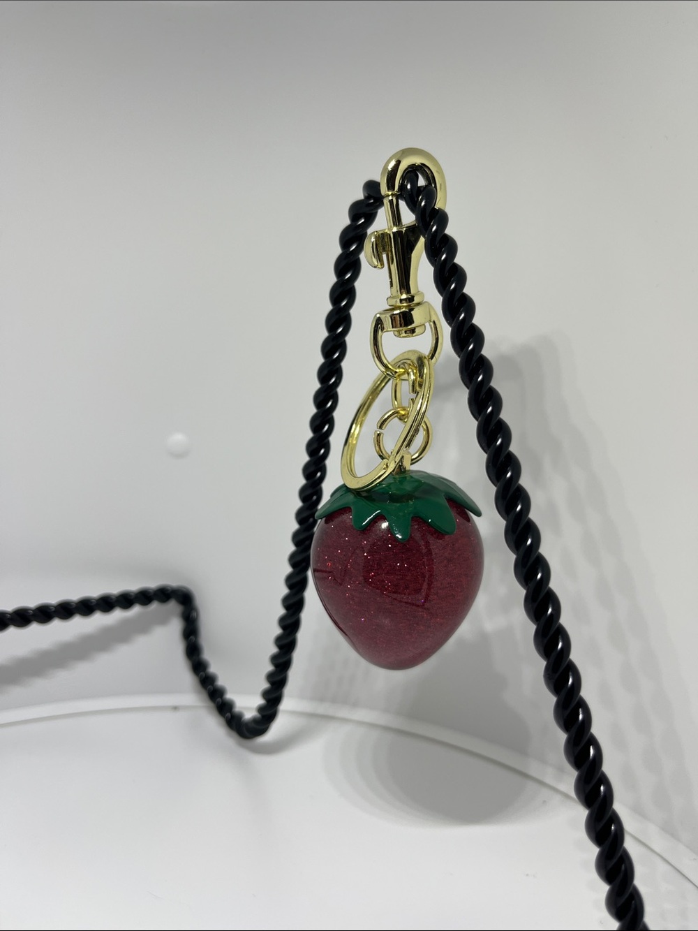 Strawberry Charm Pendant Keychain - Red-burgundy & Green with Gold Hardware